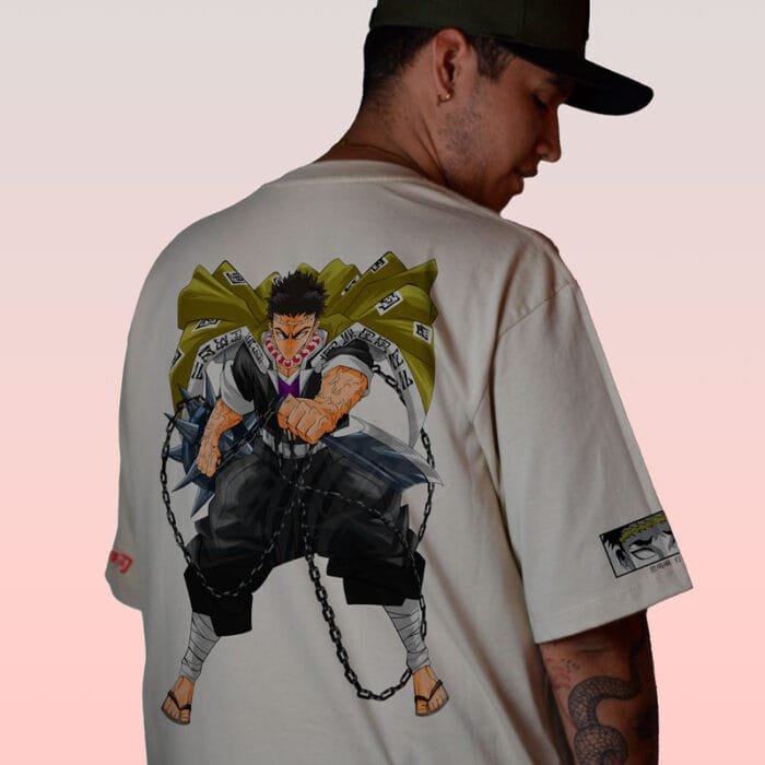 Parte trasera de la camiseta color arena de Gyomei Himejima – Kimetsu no Yaiba.