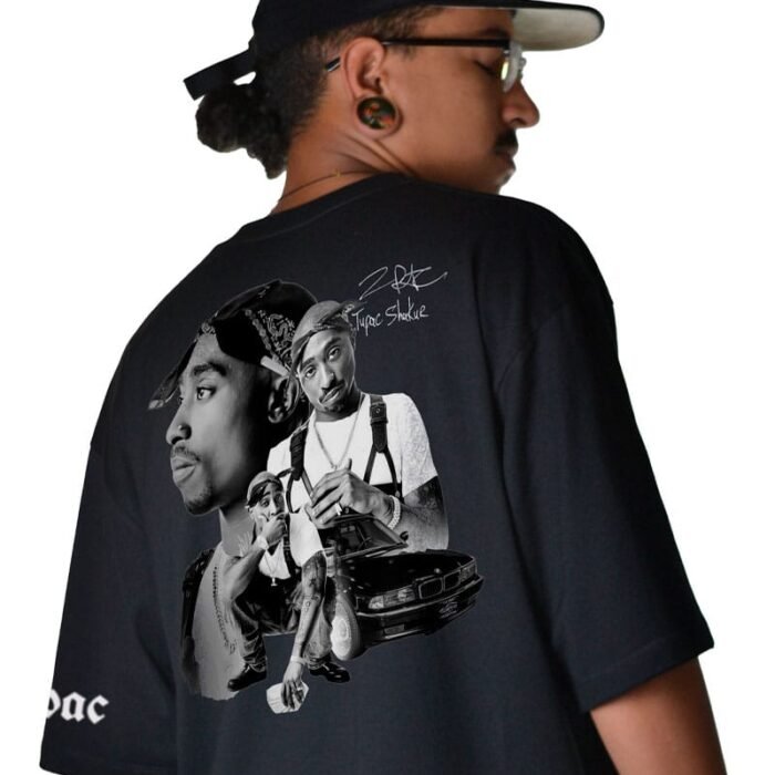 Camiseta oversize negra con estampado de Tupac en la espalda - Bellostyle